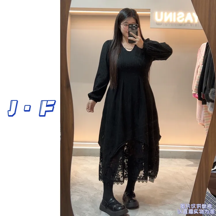 JF定制大码230斤6241秋冬百搭收腰显瘦A版蕾丝拼接长款连衣裙
