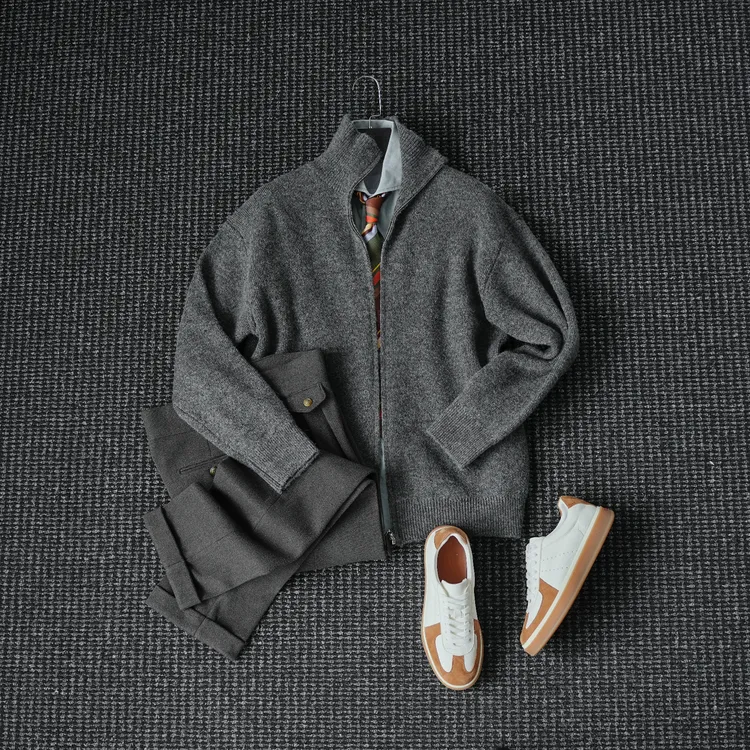CssuGent高定绵羊毛混纺 高领针织开衫外套男休闲保暖新贵毛衣潮