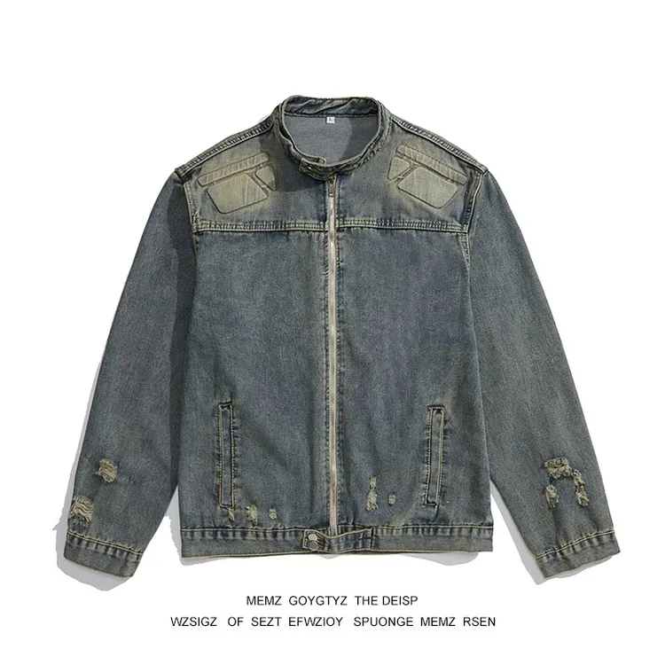 美式做旧水洗牛仔外套男春秋季潮牌设计宽松浮雕夹克复古无领