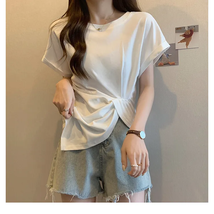 打底衫上衣女款品质前短袖纯色设计感不规则夏季韩版直筒白色恤