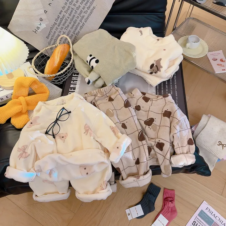 秋冬季儿童双面绒加厚两件套宝宝家居服套装校服内搭神器软糯保暖