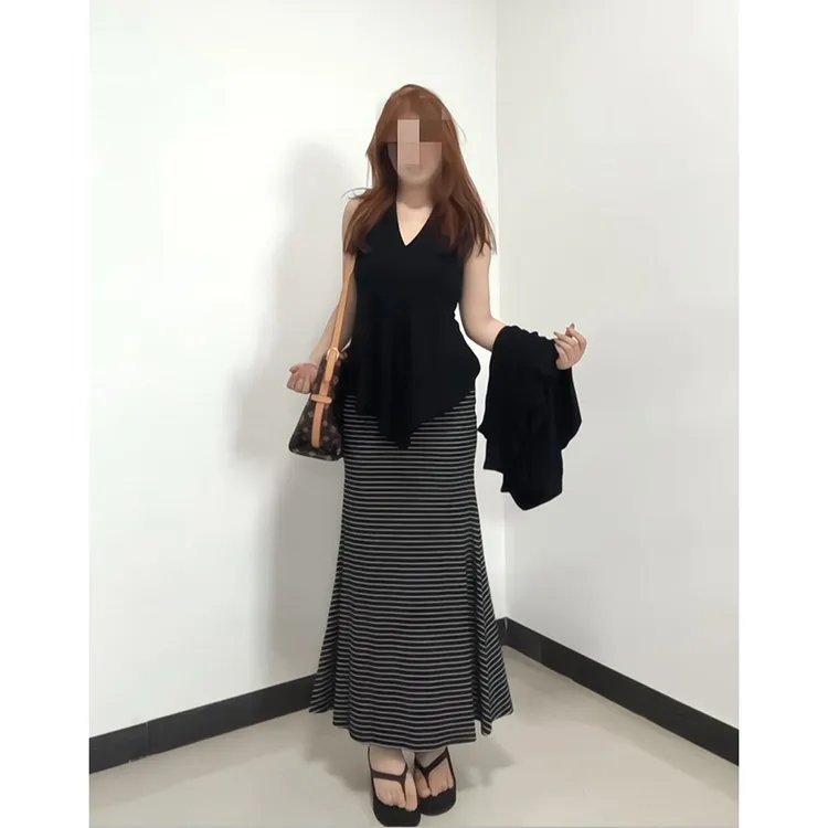 纯欲性感挂脖吊带开衫上衣女秋季高腰包臀鱼尾半裙三件套