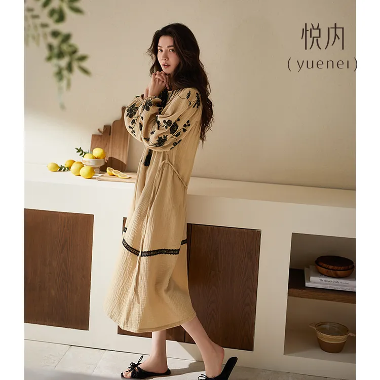 悦内睡裙女士睡衣春秋款秋季纯棉全棉纱布长袖复古法式大码长裙子