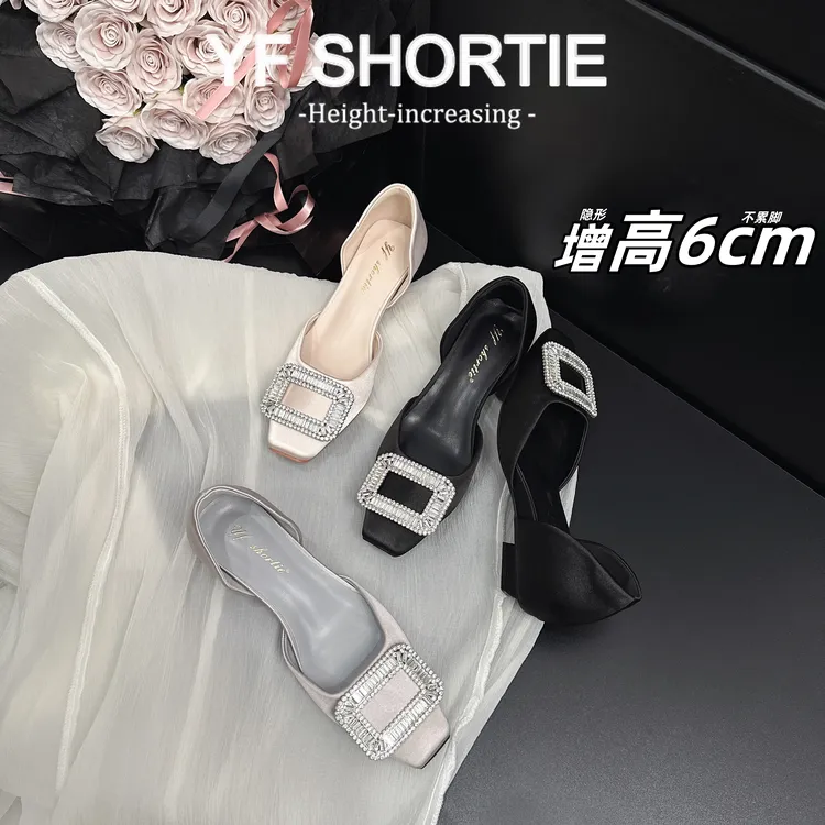 单鞋女2025年新款欧美绸缎方扣水钻平底鞋仙女风浅口平跟中空婚鞋