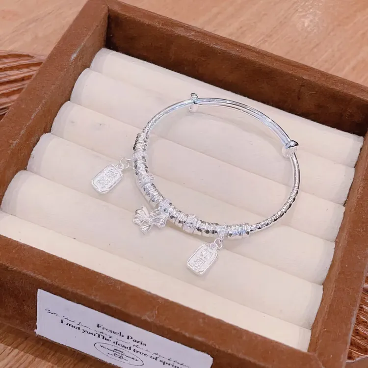 足银手镯 银9999万贯盘缠推拉可调节手镯时尚百搭吉祥如意蝴蝶结