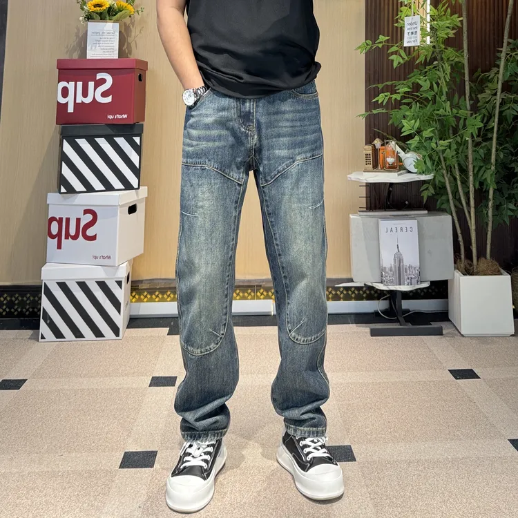 【微椎】秋冬美式复古垂感宽松男士牛仔裤机车风水洗拼接椎型长裤