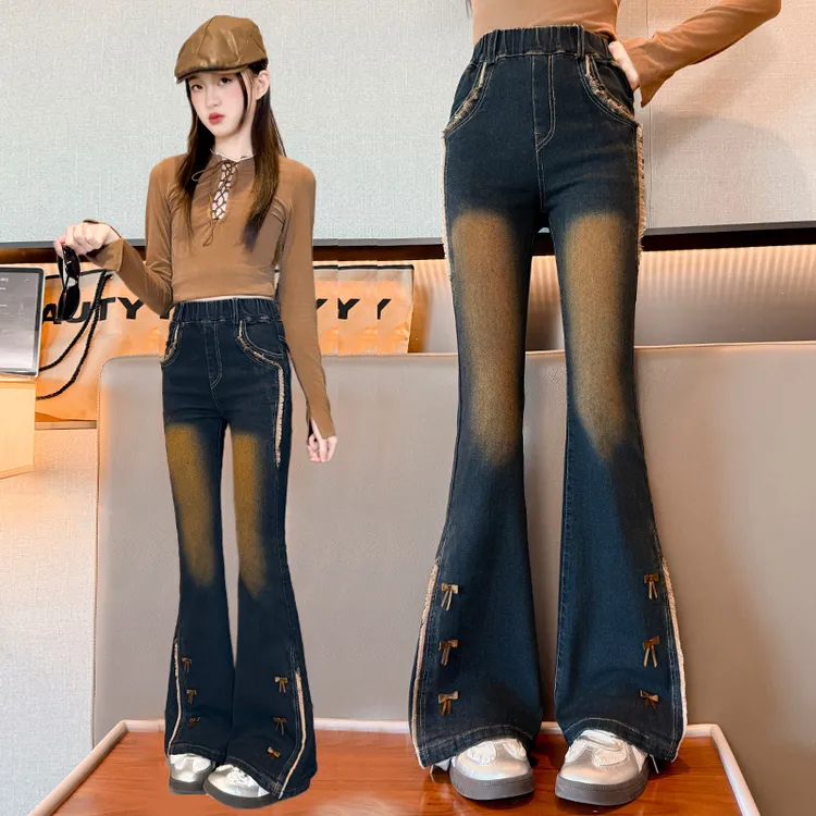 女童牛仔裤春秋季新款中大童修身显瘦裤子洋气儿童高腰弹力喇叭裤