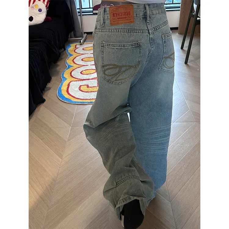 美式街头刺绣嘻哈设计感牛仔裤女秋季新款水洗做旧时尚宽松阔腿裤