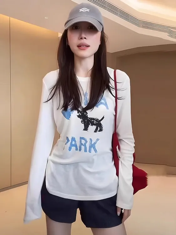 清新奶凶猫咪印花长袖空调衫T恤女夏薄针织防晒罩衫盐系打底上衣