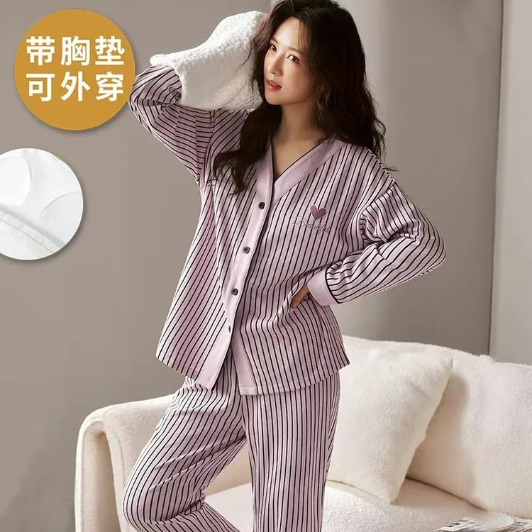 2025年新款带胸垫睡衣女长袖v领和服秋季女款大码可外穿家居服