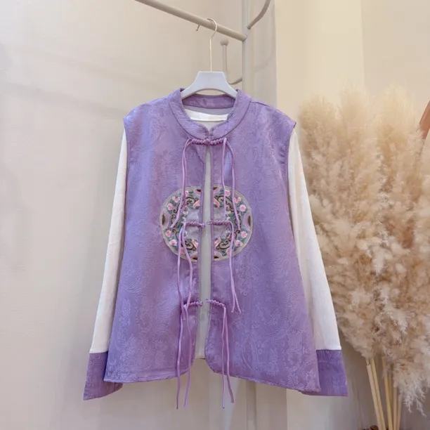 胖胖家*8699新款新中式国风提花马甲小衫套装女时尚显瘦