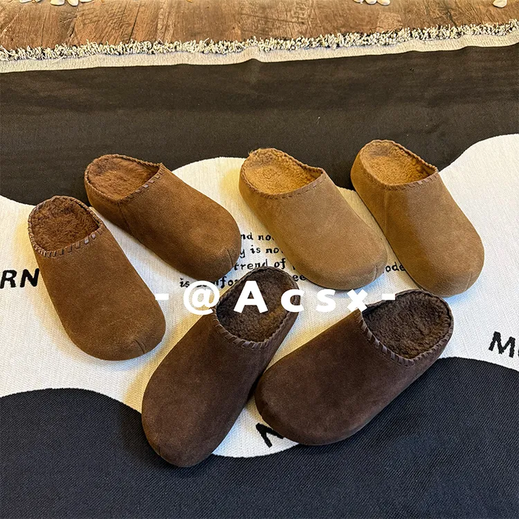 【阿茶】编织毛拖~头层牛皮/跟高5CM /冬季新款加绒博肯拖鞋女