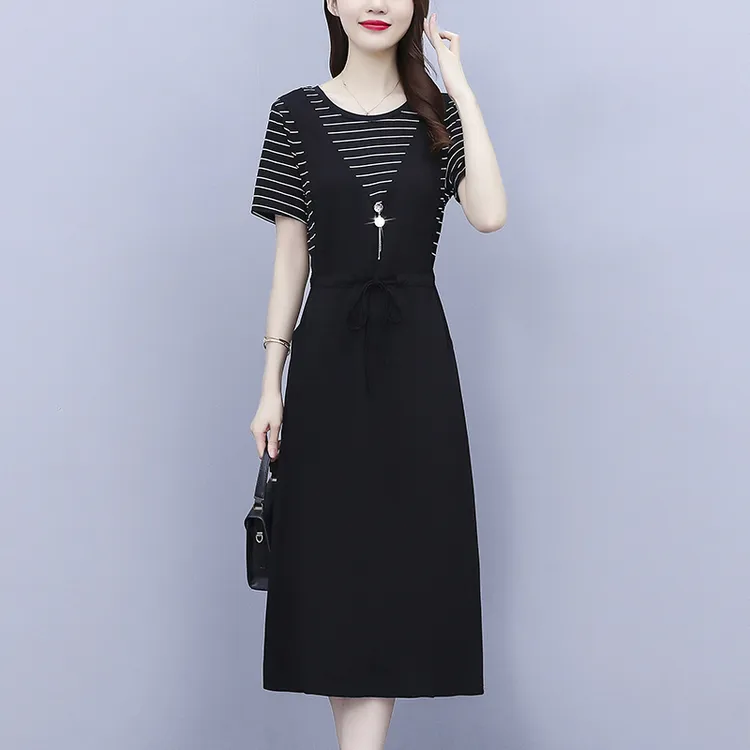 2025新款条纹拼接修身显瘦休闲长裙拼接假两件套连衣裙