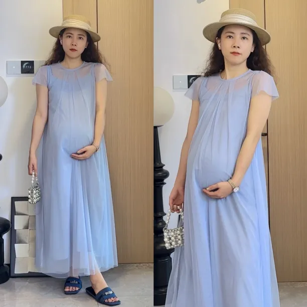 孕妇装夏装两件套减龄轻薄内搭吊带裙子外搭轻柔网纱中长款连衣裙