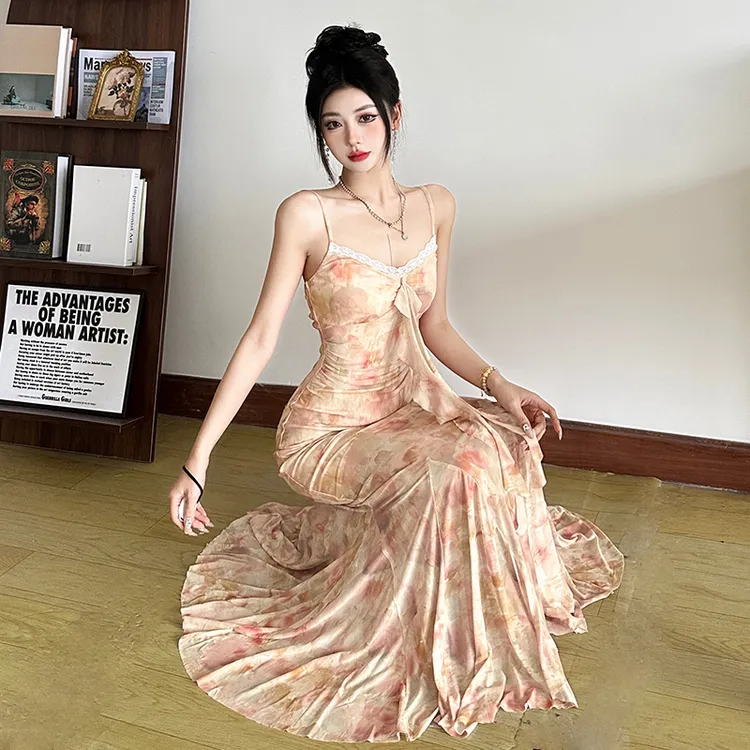 Malou 梦幻茶歇风禅意扎染显瘦吊带裙女 度假风鱼尾长裙K25D64081