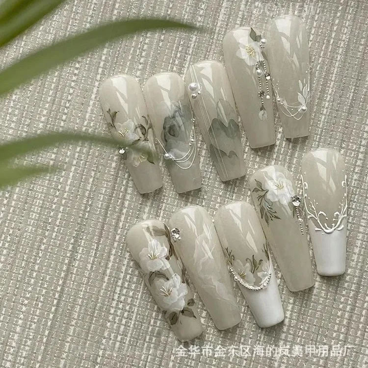 高级感穿戴甲片国风手绘画山茶高质量穿戴甲片推荐202新款穿戴甲