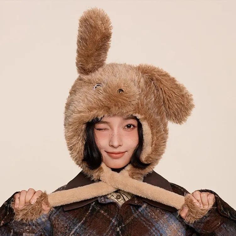 耳朵会动可爱小狗帽子加厚毛绒帽子女秋冬季护耳防寒卡通雷锋帽潮