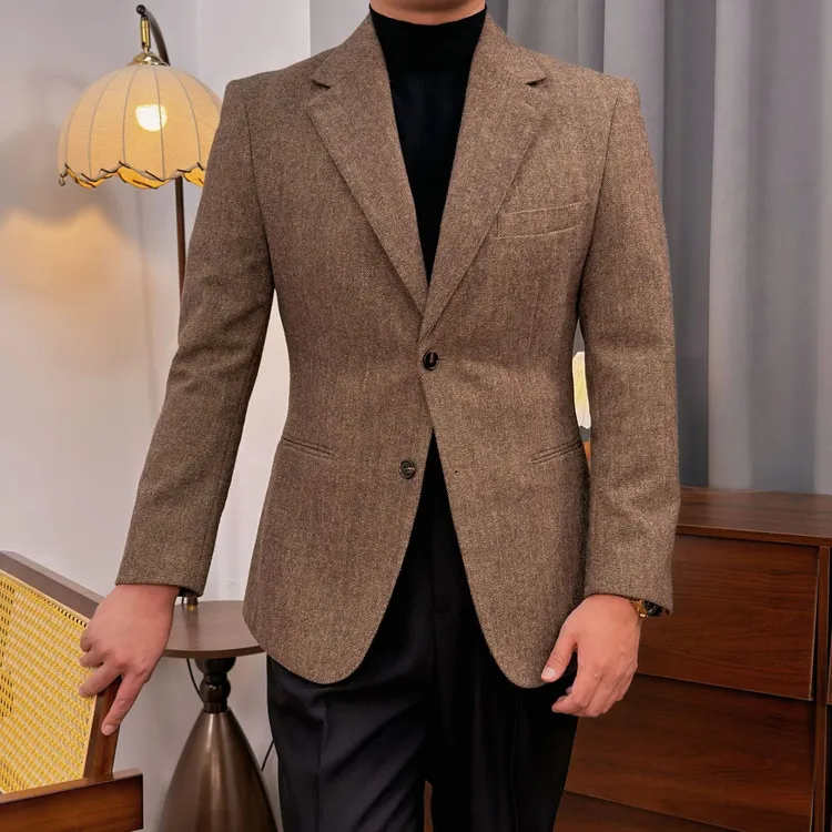 秋冬单排羊毛西装上衣男士时尚复古老钱修身加厚高定单西