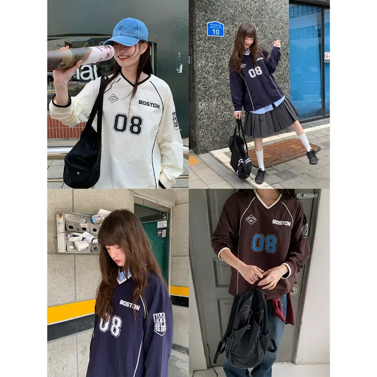 RAINY 美式潮酷运动感v领分割卫衣春秋女撞色百搭字母印花上衣
