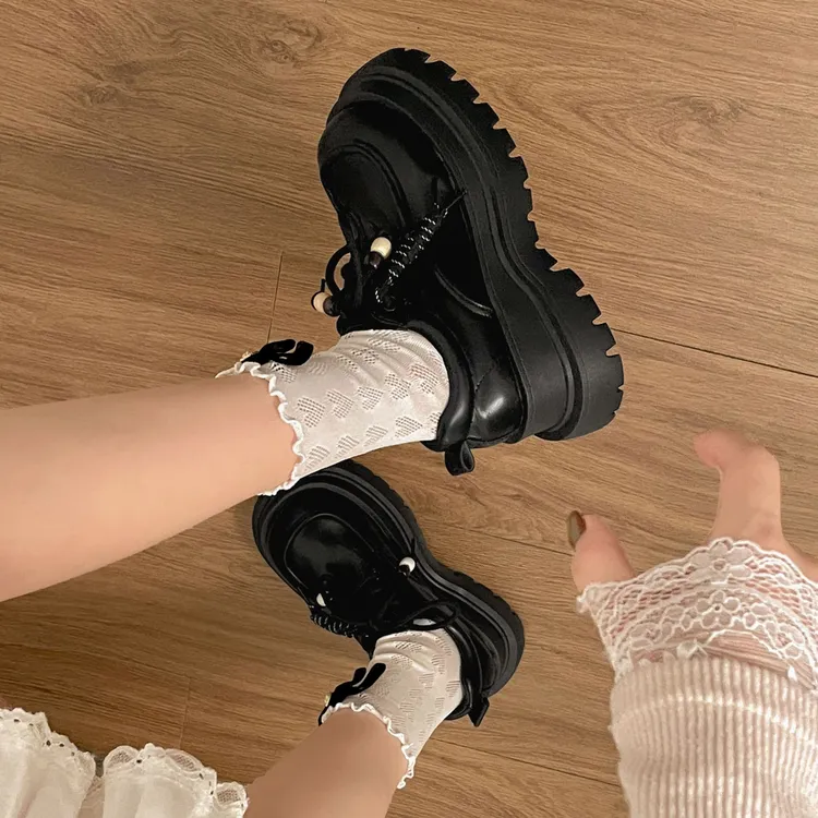 黑色厚底增高显瘦圆头系带小皮鞋女2025秋季新款配裙子日系jk单鞋
