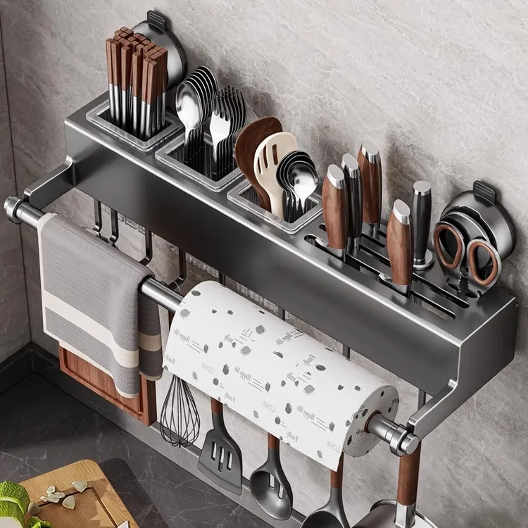 吸盘厨房置物架壁挂不锈钢刀架筷子筒锅铲墙上挂钩杆筷笼收纳架