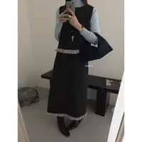 C/1386 韩系氛围感撞色拼接压褶毛呢背心+直筒半身裙套装（裙长88）