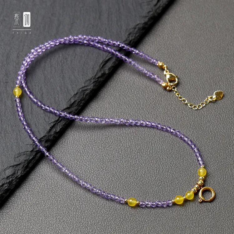 钛钢仿水晶吊坠 新品嫣紫色刻面闪珠锁骨链佛牌链子唐卡挂链时尚