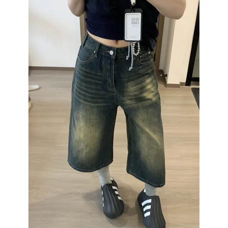 美式复古七分牛仔短裤女新款做旧高腰宽松阔腿显瘦百搭直筒中裤子