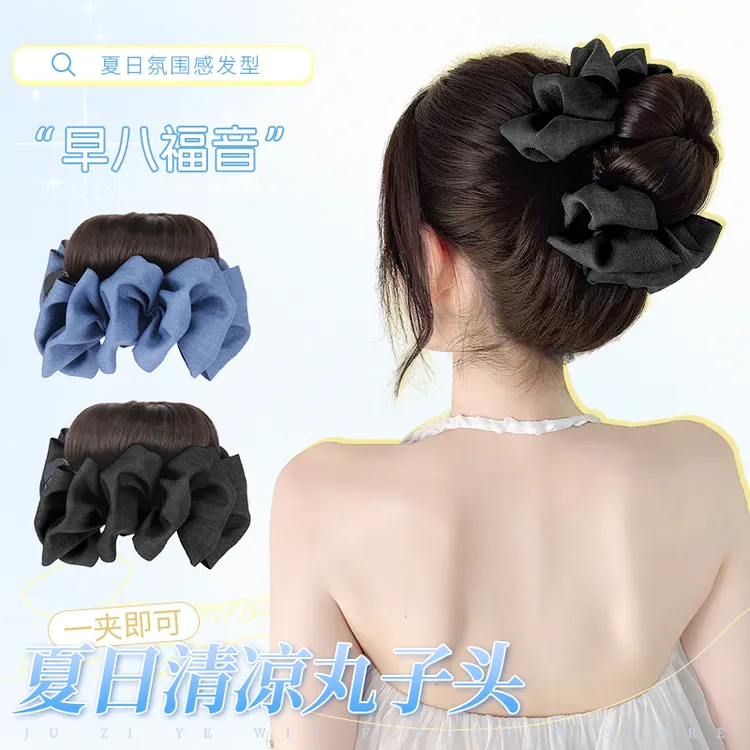 新版本蓝色牛仔抓夹丸子增发量假发女款花苞丸子头