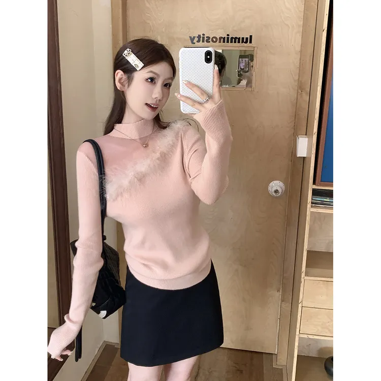 上衣毛衣修身显瘦长袖韩系半高领毛边针织打底衫女秋冬设计款