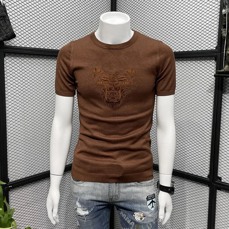 虎头圆领秋冬季男士时尚轻奢短袖毛衣纯色针织帅气半袖大码打底衫