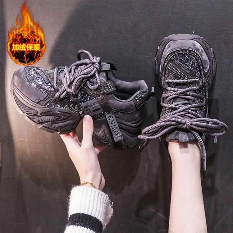 网红时尚亮片加绒老爹鞋女爆款2025新款厚底百搭水钻休闲运动鞋
