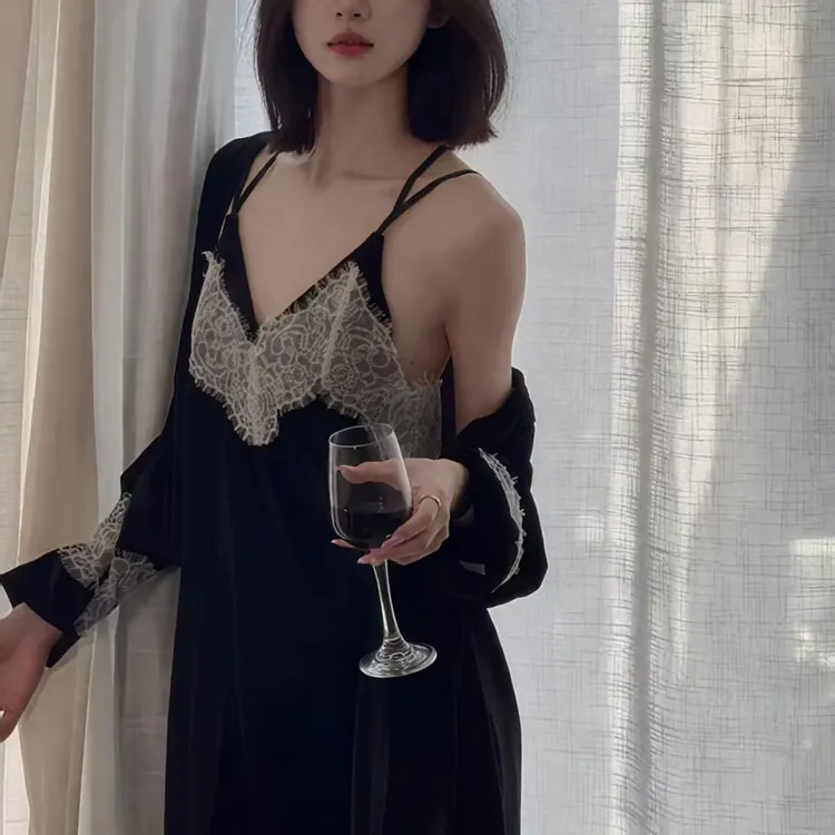 【枝意】秋冬新款法式V领金丝绒长袖睡袍套装睡裙美背高级性感睡衣