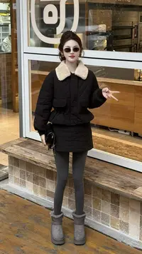 喜甜~小香风棉秋冬季新款加厚毛领半身裙两件套