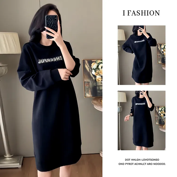 慵懒风小个子圆领连衣裙女2026年春秋新款时尚百搭拼接显瘦a字裙