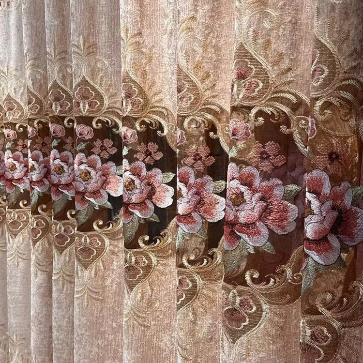 咖啡色双面雪尼尔牡丹镂空绣花客厅阳台卧房窗帘