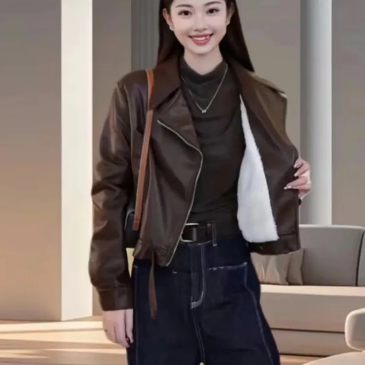 秋冬加绒新款气质短款皮衣外套女机车风休闲夹克