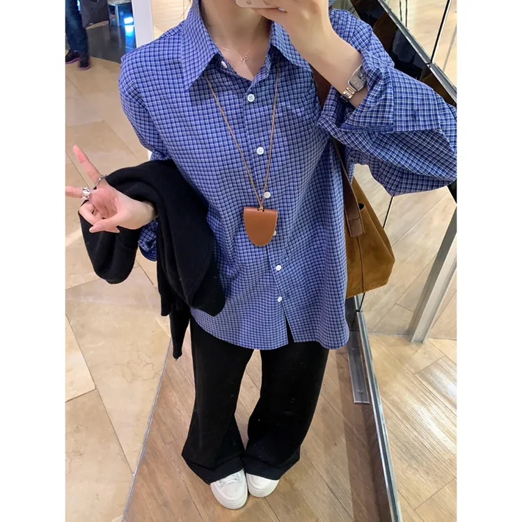 美式复古蓝色格子衬衫女宽松百搭遮肉减龄立领长袖衬衣秋冬新款聚