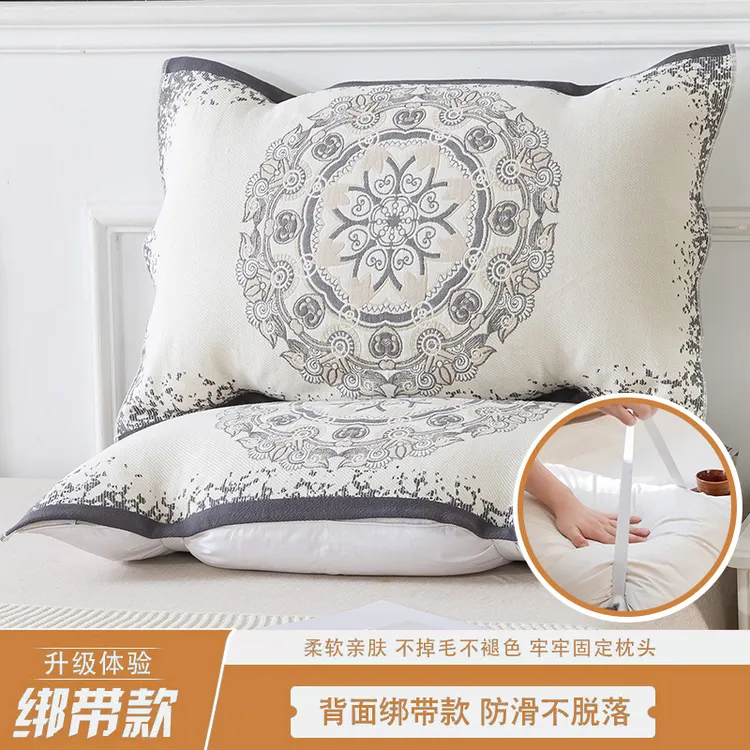 通用纯棉纱布枕巾吸汗透气牢固枕头巾绑带加厚情侣高档枕巾一对装