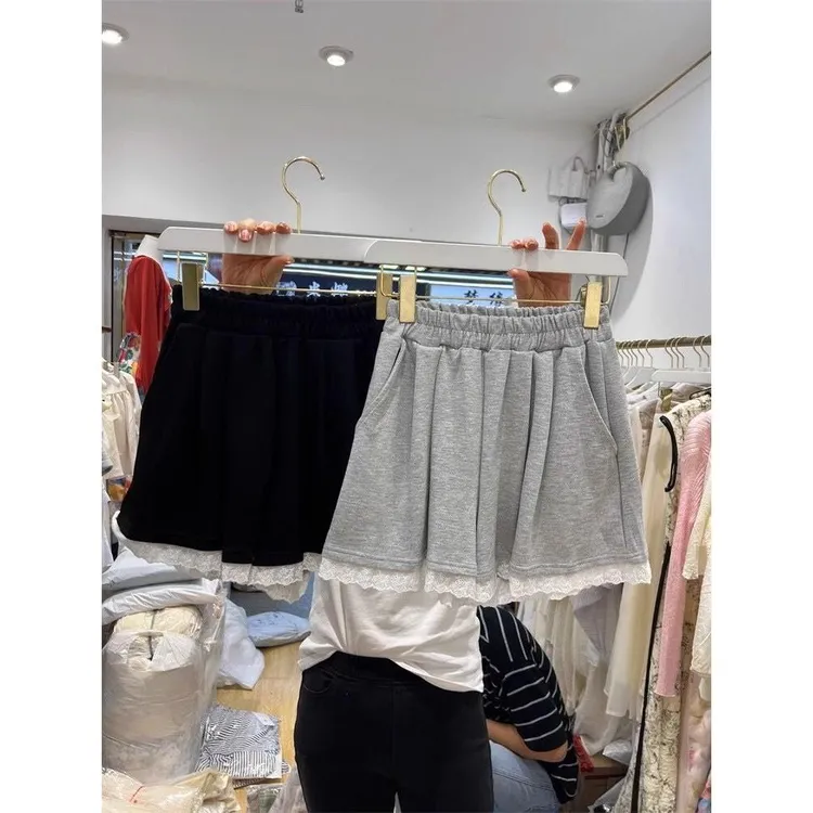 蕾丝花边休闲裤女2025夏季百搭显瘦松紧腰宽松灰色阔腿裤运动短裤