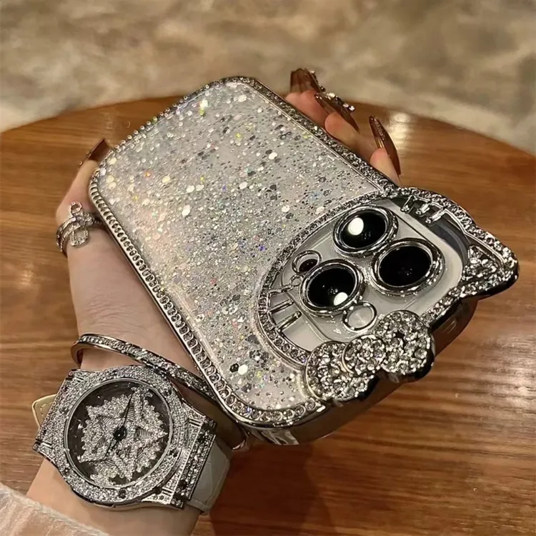 高颜值闪粉水钻kt猫适用苹果15promax手机壳iphone16新款1413电镀