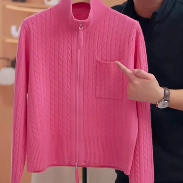 新款时尚洋气百搭女装立领双头拉链麻花针织衫毛衣打底衫女内搭