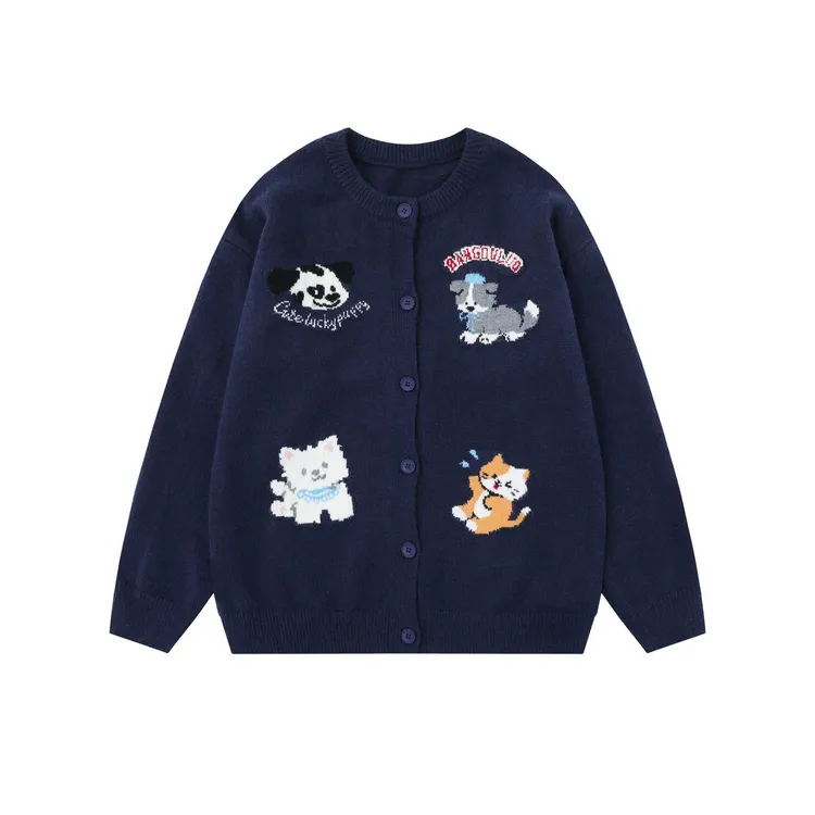 6772复古慵懒街头男女卡通设计圆领开衫毛衣宽松小众男装针织打底