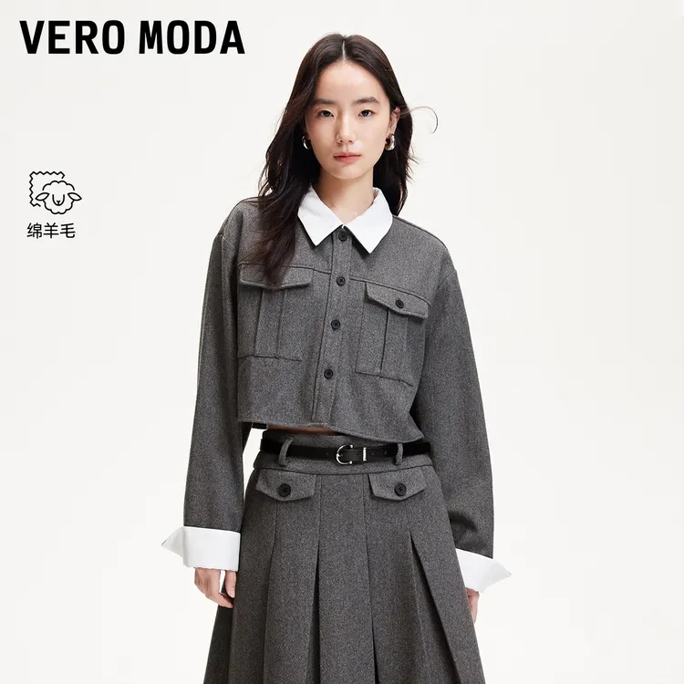 Vero Moda衬衫女2025冬季新款含羊毛撞色翻领外套学院风325405004