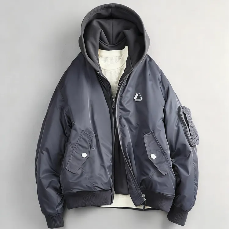 新款冬季日系轻奢飞行服90白鸭绒连帽假俩件羽绒服外套保暖加厚