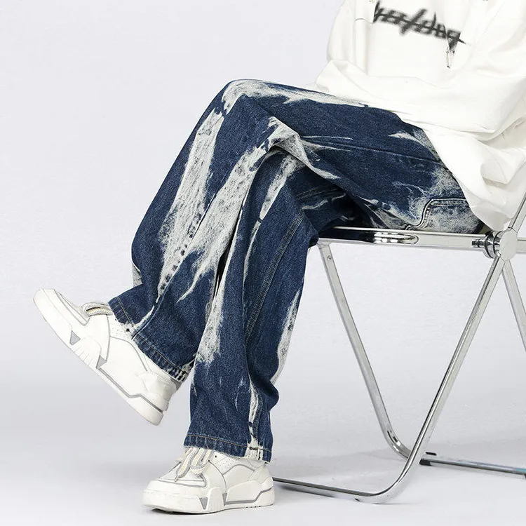 潮流加绒男裤新款美式高街扎染直筒宽松牛仔裤货号