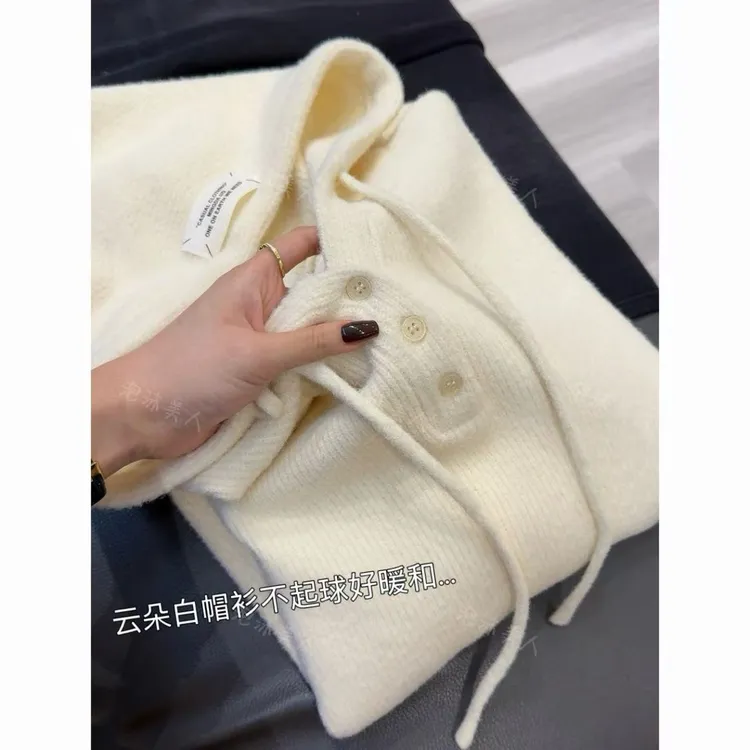 云朵白帽衫」巨软显白不挑人！纯色韩版宽松连帽针织毛衣女秋冬潮