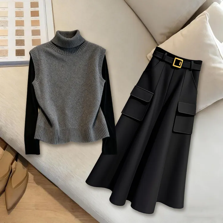 2025冬季新款清冷感贵系时尚三件套装女显瘦马甲打底衫半身裙爆款
