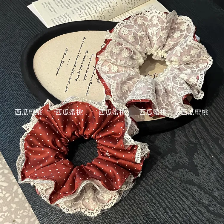 蕾丝波点双层大肠发圈新年红格纹百搭马尾发圈超大少女丸子头发饰