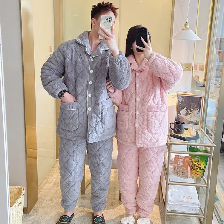 情侣男士睡衣灰色法兰绒粉色秋冬季三层保暖珊瑚绒家居服女士套装